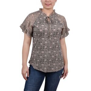NY Collection Petite Chiffon Short Ruffled Sleeve Crepe Knit Top